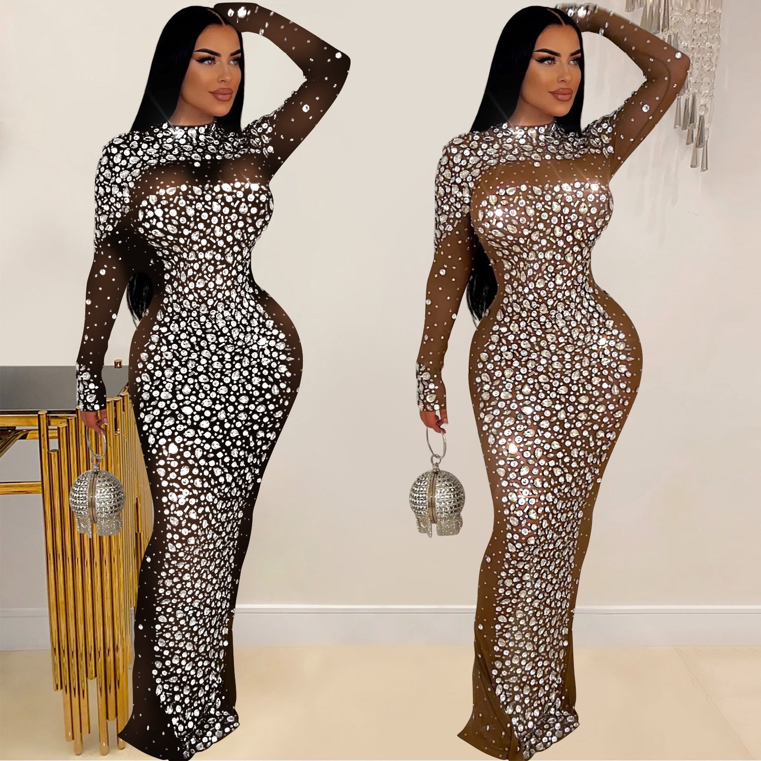 Elegant Sparkle Embellished Tulle Maxi Dress Long Sleeve High Neck