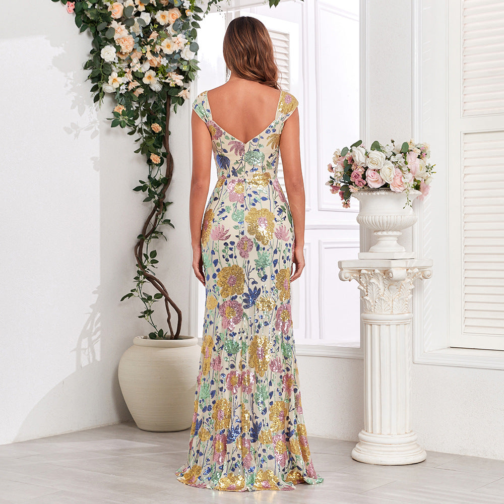 Womens Sleeveless Dress Double V-Neck Sequin Embroidered Mermaid Evening Gown