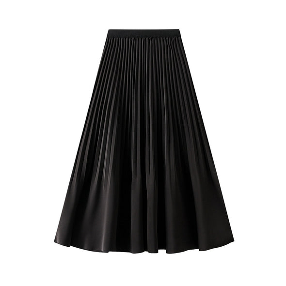 High Waist Pleated Satin Mid-length Skirt