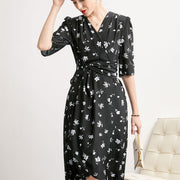 Summer Silk Dress French V-neck All-match Temperament Black Long Dress