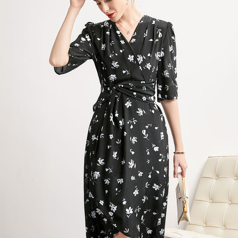 Summer Silk Dress French V-neck All-match Temperament Black Long Dress