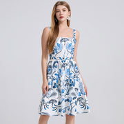 French Riviera Blue Botanical Print Womens Square Neck Midi Dress