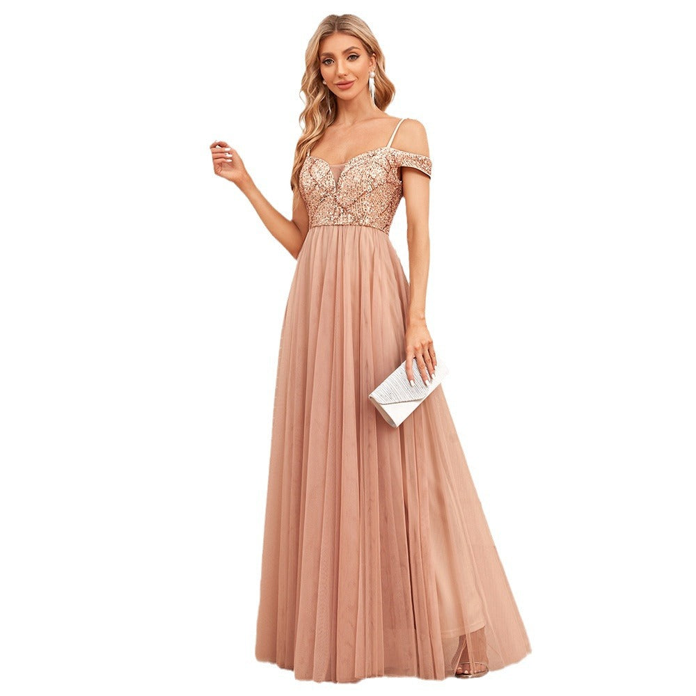 Lilac Off Shoulder Sequin Mesh Gown with Spaghetti Straps