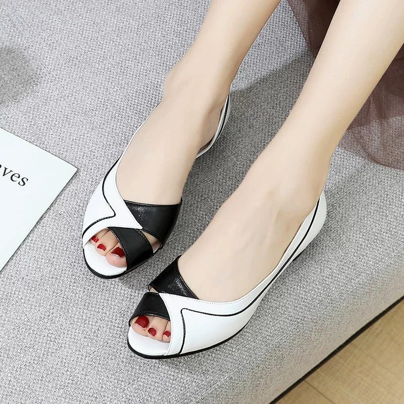Timeless Colour Block Cutout Leather Peep Toe Womens Block Heel Shoes