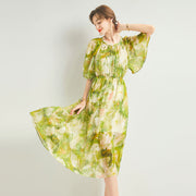 Sage Green Silk Maxi Dress Summer Circle Hem Sheer Sleeves Comfort