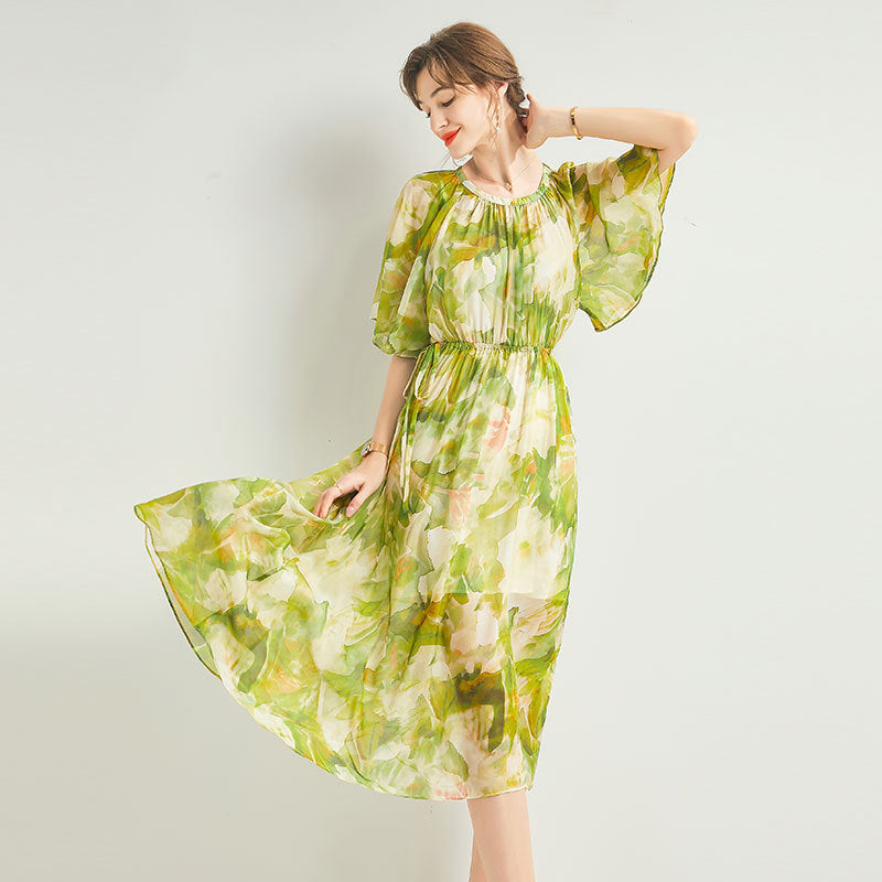 Sage Green Silk Maxi Dress Summer Circle Hem Sheer Sleeves Comfort