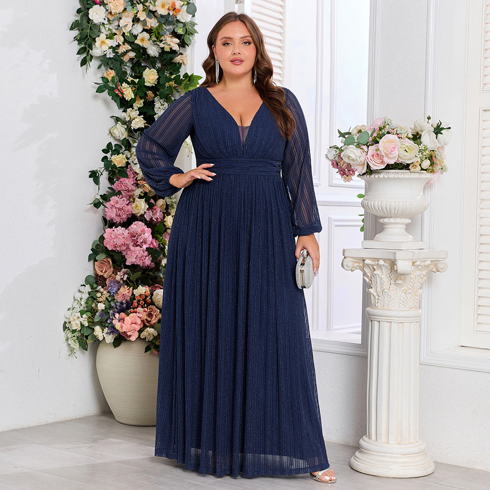 Fall Women Plus Size Glitter V-Neck Ruched A-Line Formal Gown Dress