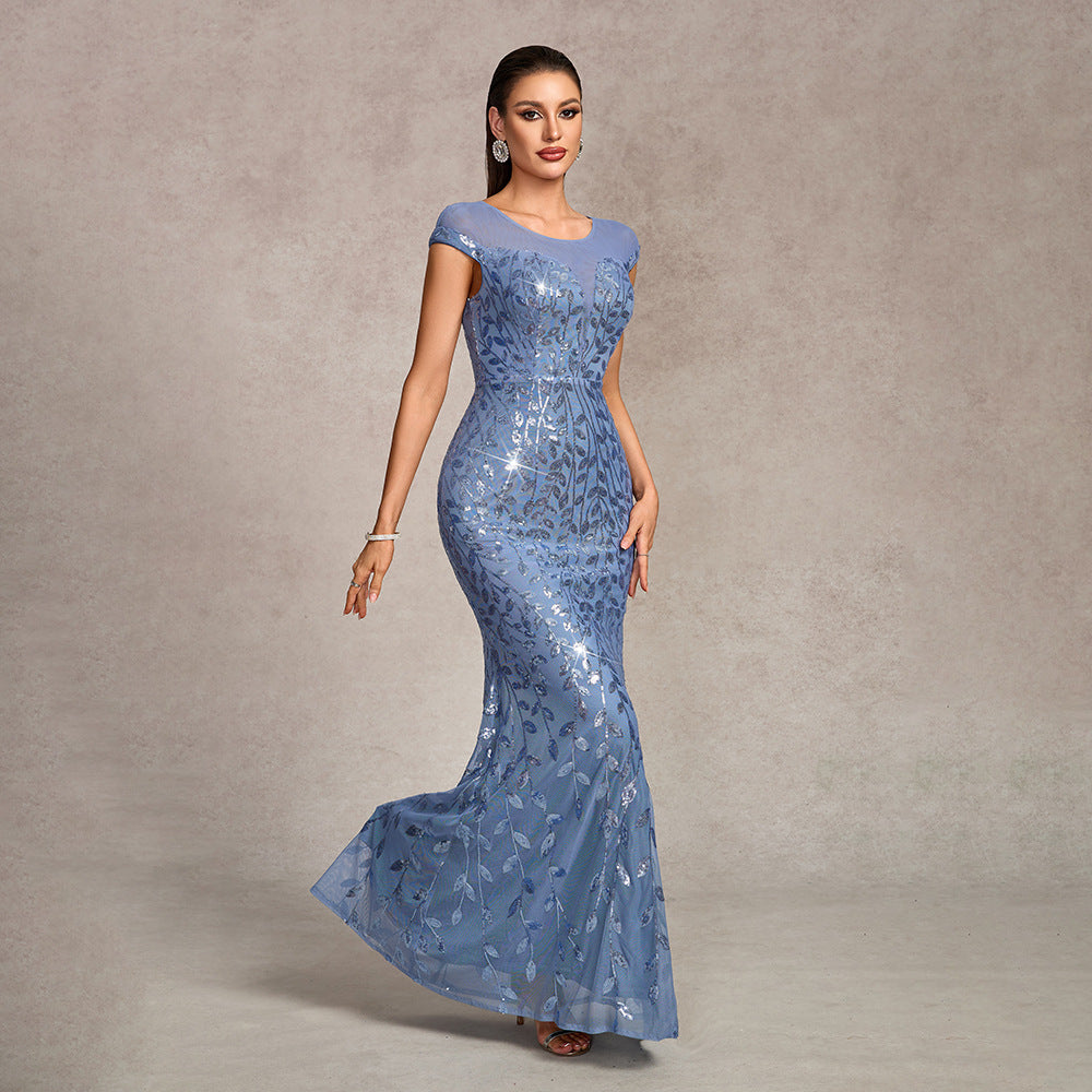Elegant Sky Blue Sequin Mesh Mermaid Evening Gown