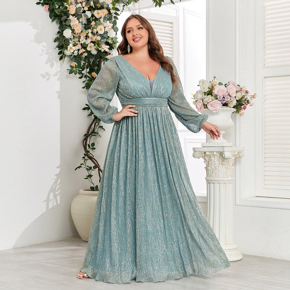 Shimmering V-Neck Ruched Gown Long Sleeve A-Line Maxi Dress with Full Lining