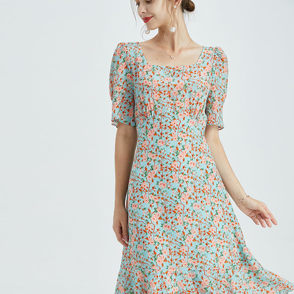 Summer Silk Dress French Square Neck Dress