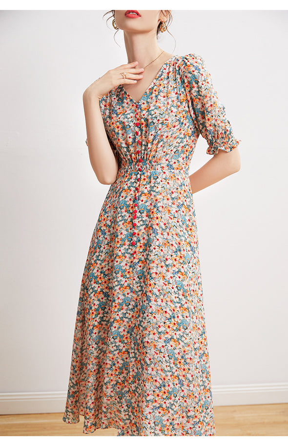 Silk French Floral Dress V-neck Waist Waist Long Knee-length Slit Elegant Dress
