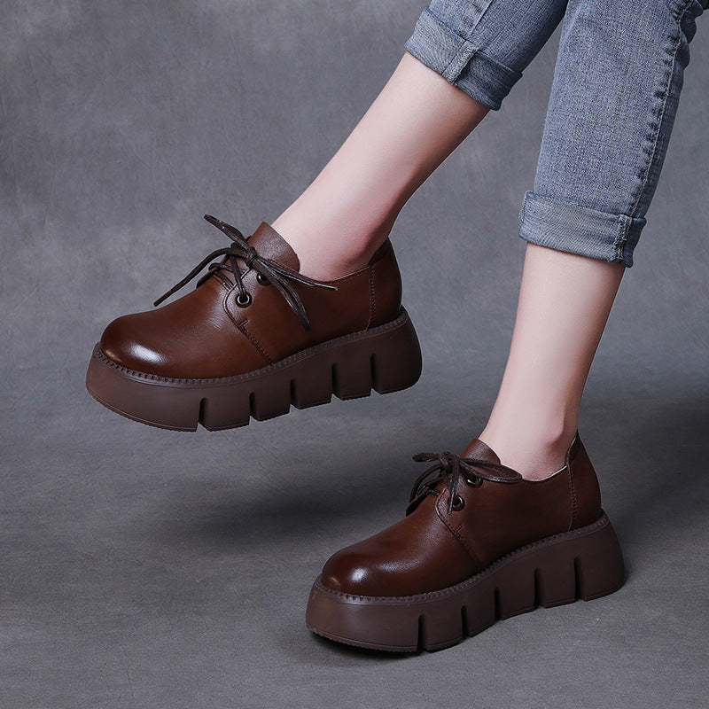 Leather Thick-soled Lace-up Women's Shoes Simple All-match Retro Hand – Dresslittly