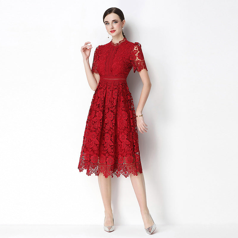 French Riviera Scalloped Lace Short Sleeve Womens Evening Midi Dress