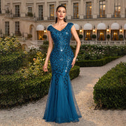 Evening Party Peacock Blue Sequin Mesh Fitted Mermaid Gown