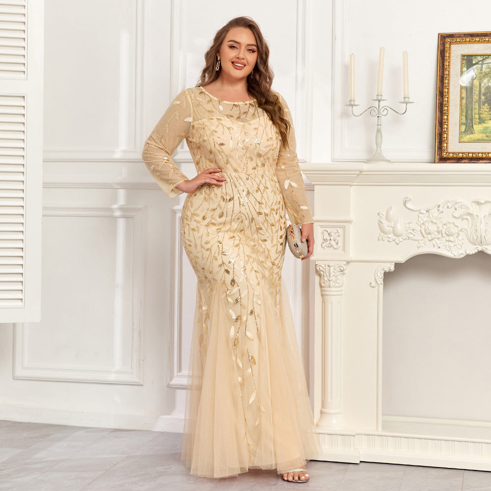 Plus Size Mermaid Evening Gown Long Sleeve Round Neck Sequin Embroidered Tulle Prom Dress