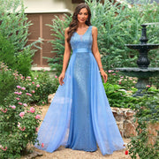 Lake Blue Party Sequin Beaded Tulle V Neck Maxi Evening Gown