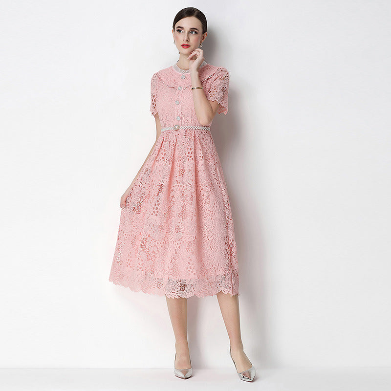 Elegant Pearl Embellished Guipure Lace Womens Midi Dress