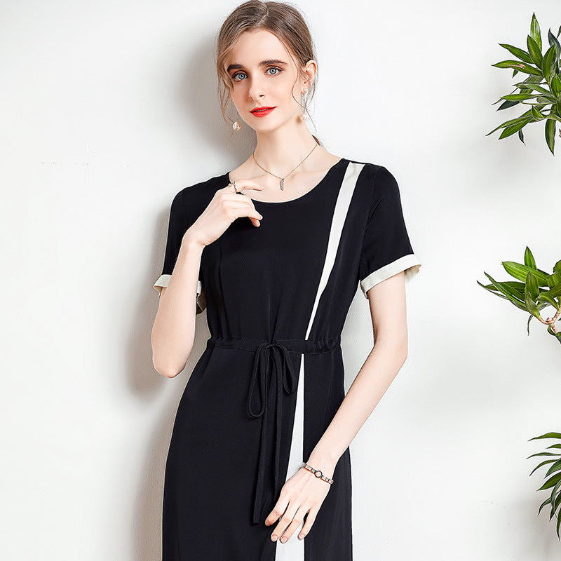 Women's Summer Silk Dress Waist Contrast Color Mid-length Dress