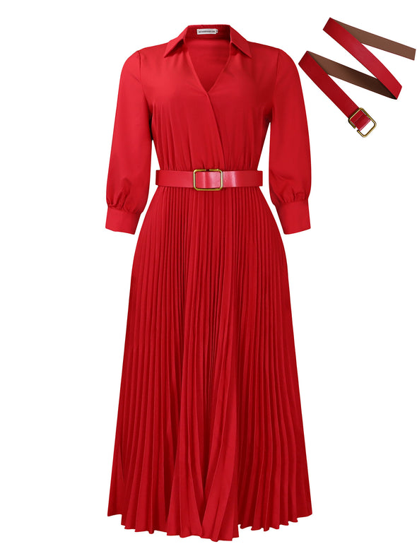 Spring V-Neck High Waist A-Line Dress with Matching Belt