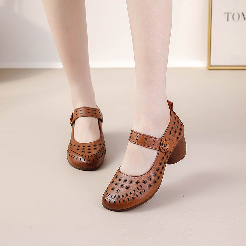 Comfortable Mom Sandals Soft Sole NonSlip Rubber Mid Heel Breathable Leather Shoes for Women