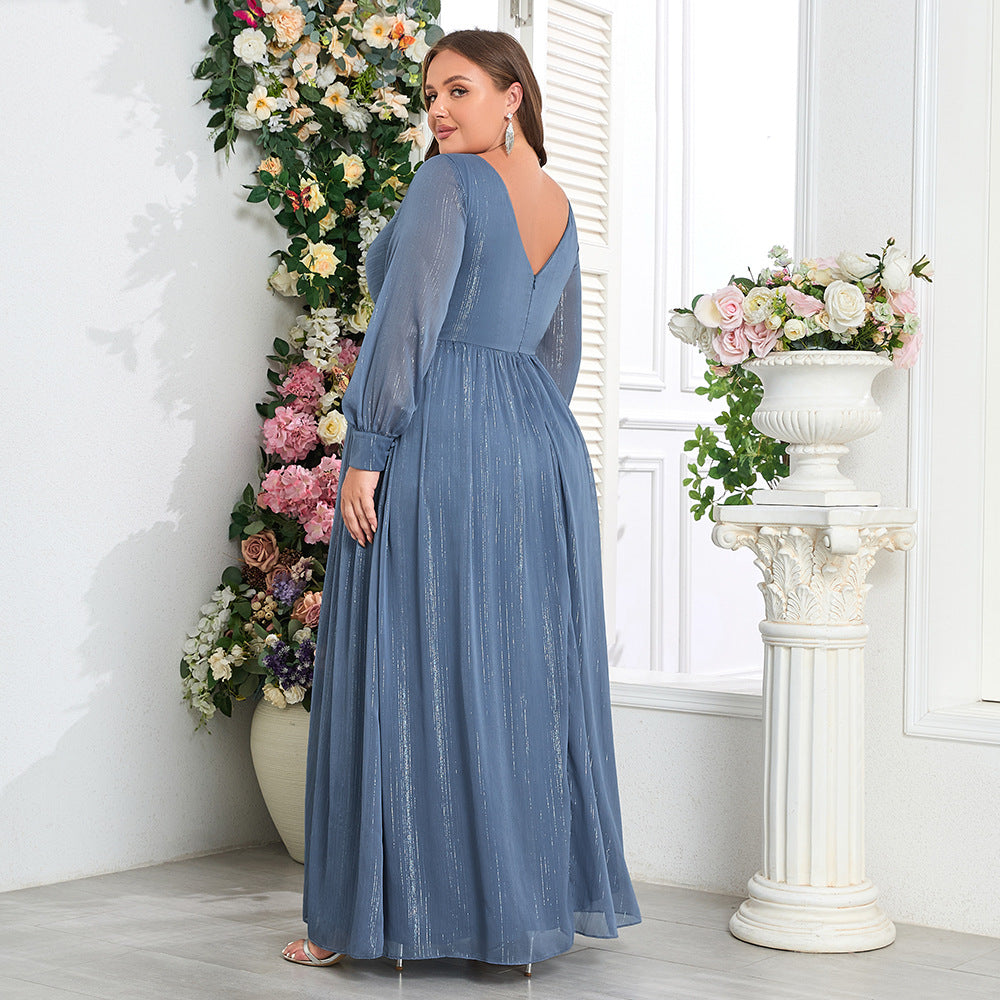 Fall Plus Size Glitter V-Neck Pleated Long Sleeve Formal Gown Dress