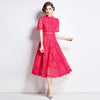 Spring French Lace Panel Round Neck Midi Dress with Flared Hem