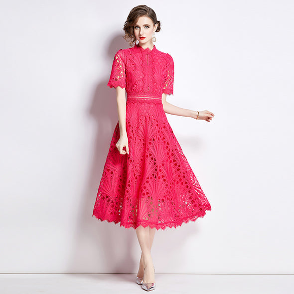 Spring French Lace Panel Round Neck Midi Dress with Flared Hem