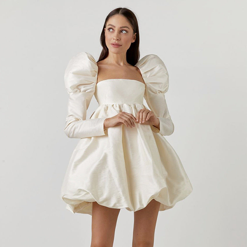 Elegant Satin Puffy Princess Dress with Square Neck for Women