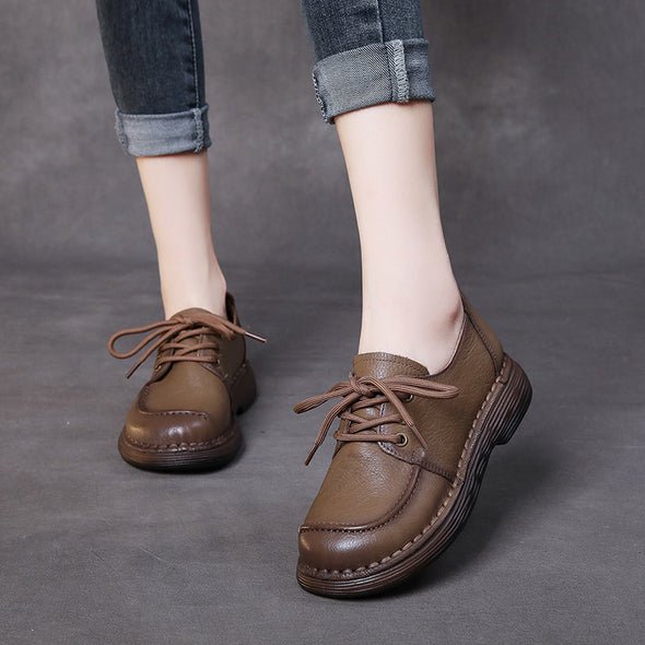 Handmade Genuine Leather Soft Sole Casual Shoes Comfortable Lace-up Retro Women's Shoes