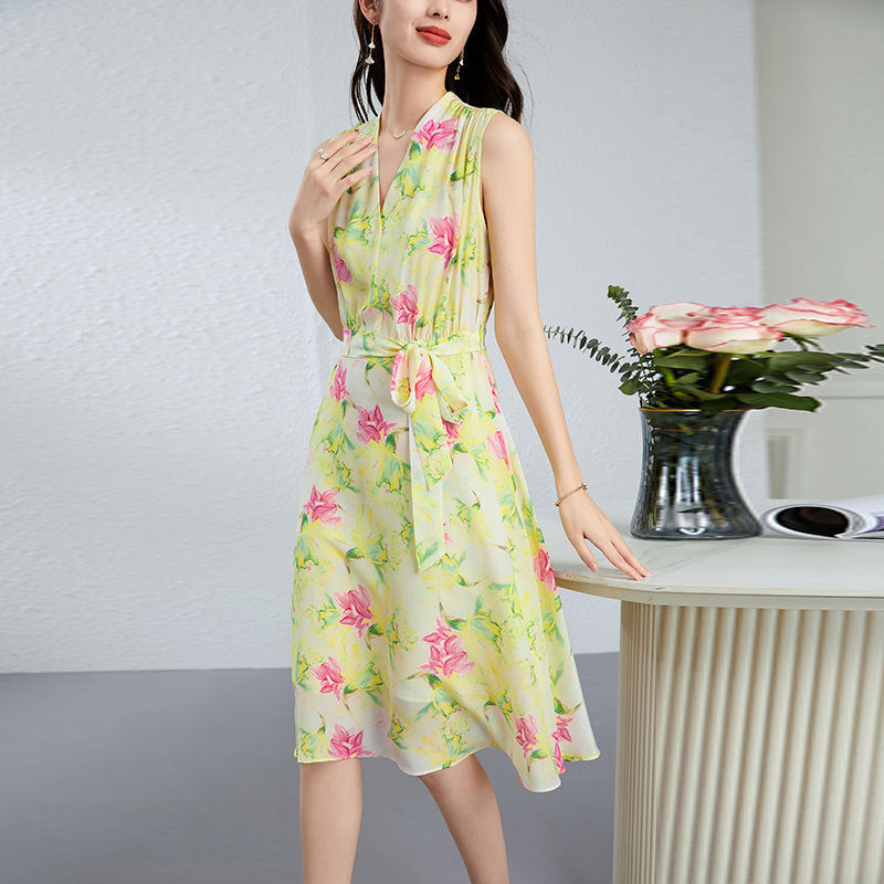 belted silk midi dress Silk Floral Midi Dress with Belted Waist and V-Neck – Dresslittly