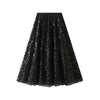 Sequined Leaf Embroidered Long Skirt A-line Drapey Mesh Skirt
