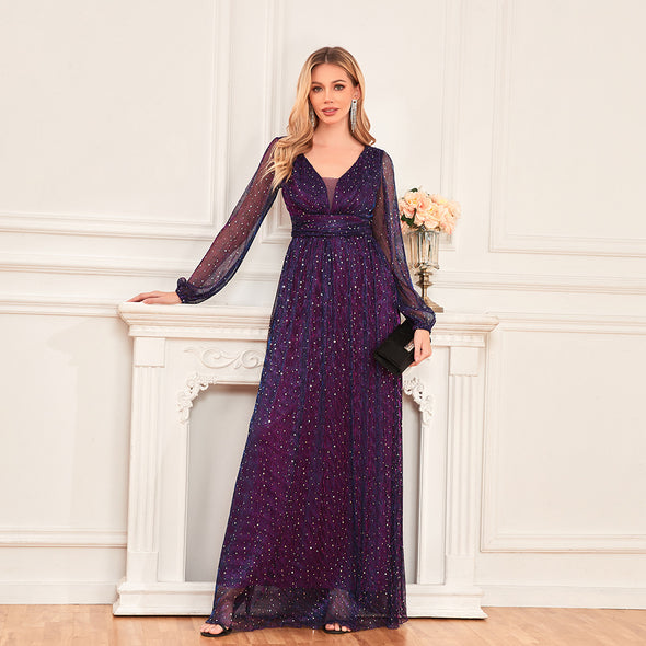 Shimmering V-Neck Ruched Gown Long Sleeve A-Line Maxi Dress with Full Lining