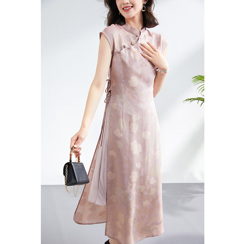 Summer Modern Cheongsam Floral Jacquard Dress with Detachable Slip Short Sleeves