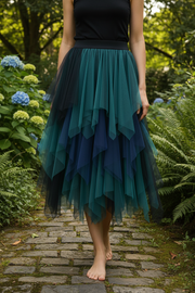 Color Block Mesh Multi-layer Irregular Waist Mid Length Skirt
