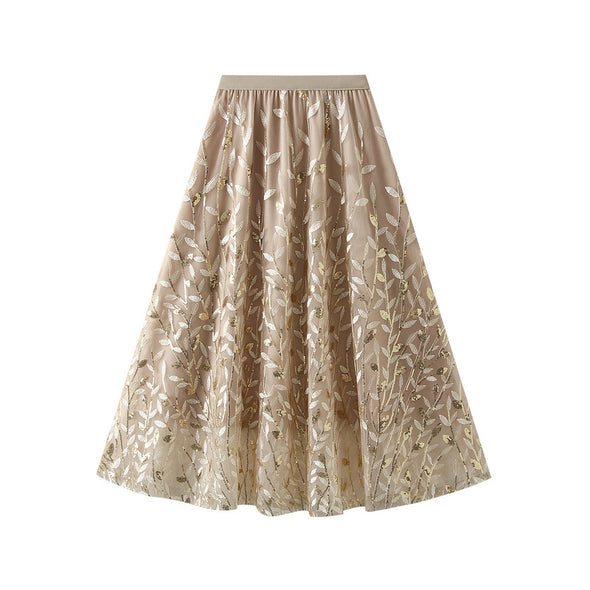 Sequined Leaf Embroidered Long Skirt A-line Drapey Mesh Skirt