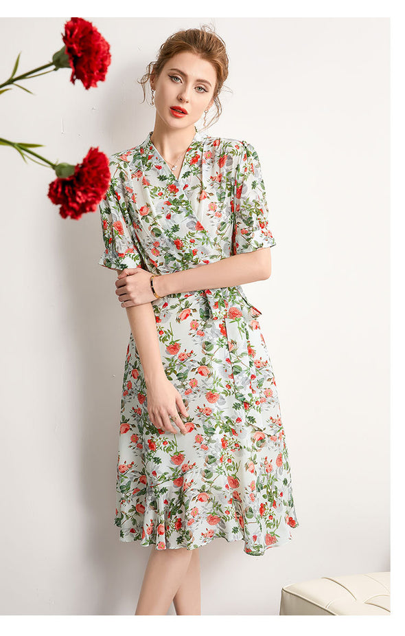 Women's Summer Silk Dress French Style Slim Printed Dress