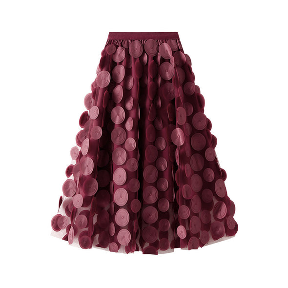 Three-dimensional Polka Dot Skirt Black Mesh Mid-length Skirt