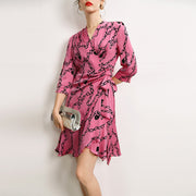 Summer Elegant Silk Dress Feminine Waist V-Neck Mid-Sleeve Dress