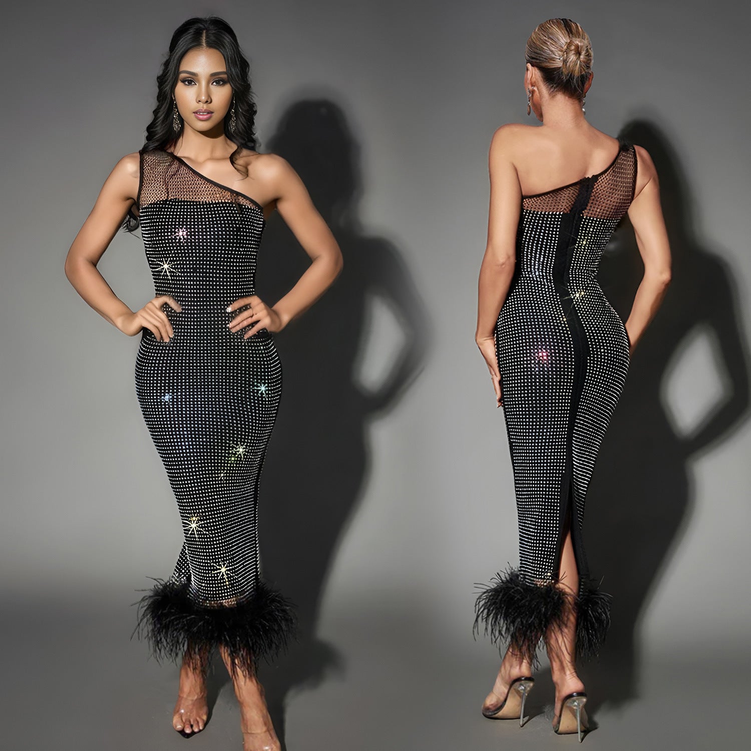 Off-the-Shoulder Feathered Mesh Dress Crystal Embellished Long Bodycon