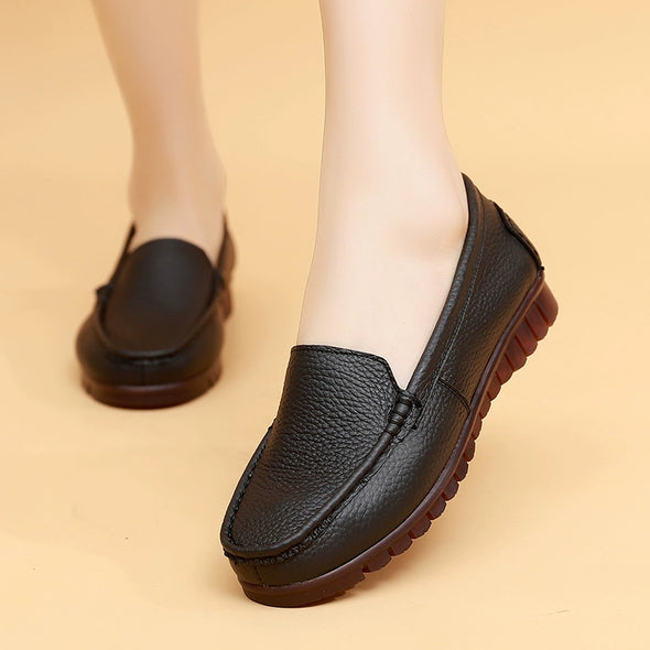 Women Leather Loafers with Cushioned Sole Slip-On Flats Low Heel Shoes