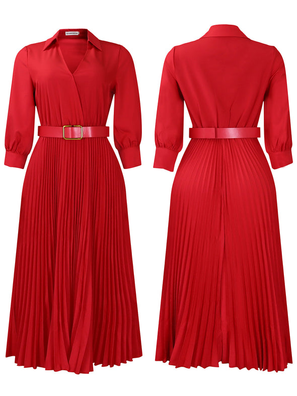 Spring V-Neck High Waist A-Line Dress with Matching Belt