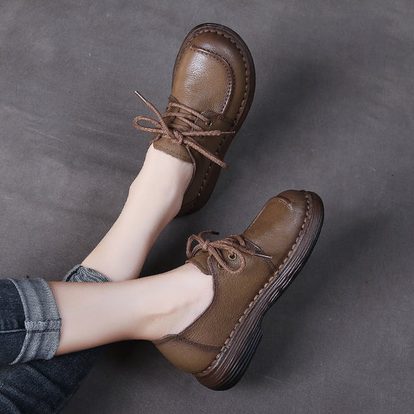 Handmade Genuine Leather Soft Sole Casual Shoes Comfortable Lace-up Retro Women's Shoes