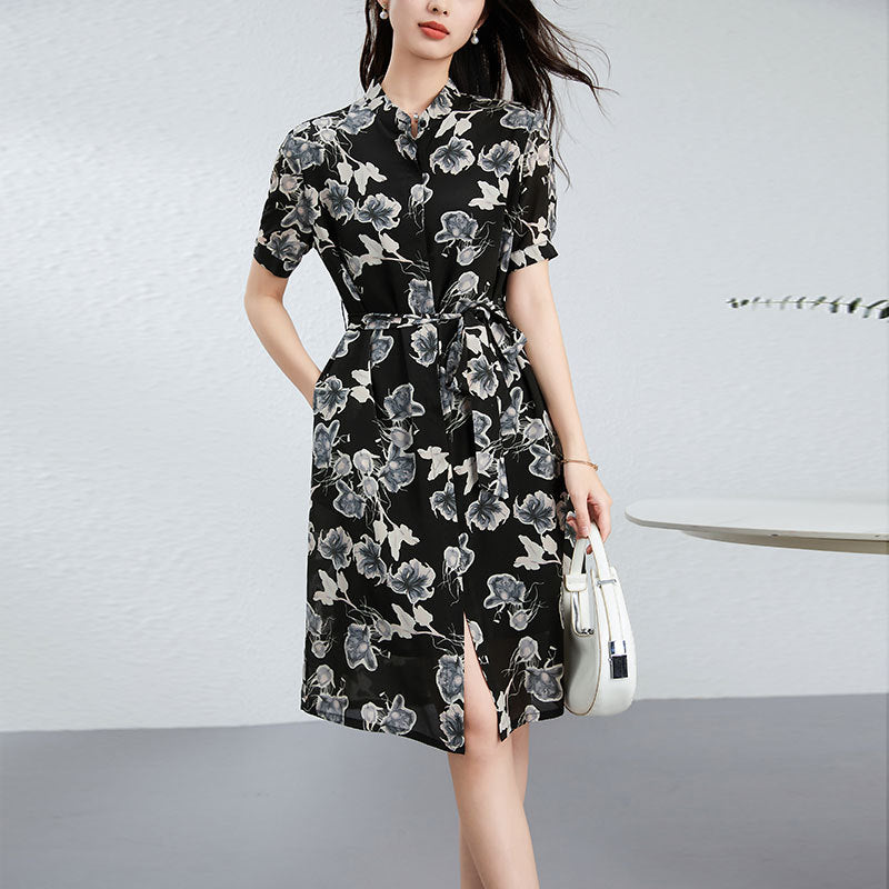 Silk Floral Shirt Dress with Mandarin Collar and Belted Waist