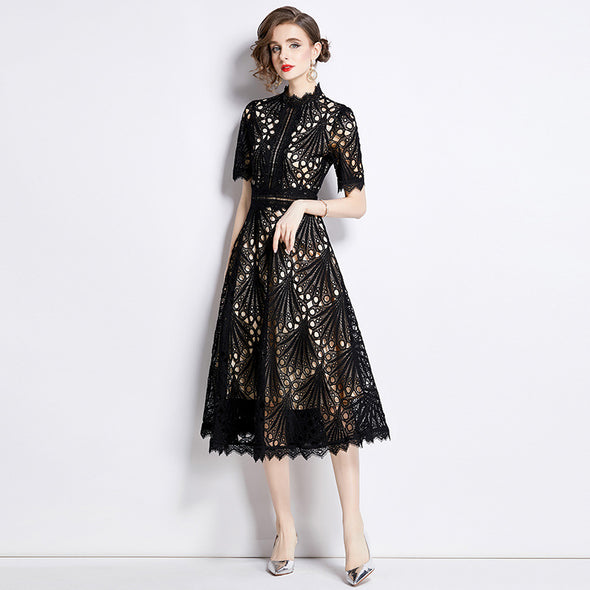 Spring French Lace Panel Round Neck Midi Dress with Flared Hem
