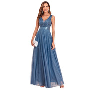 Sky Blue V Neck Embroidered Mesh Gown with Satin Waistband
