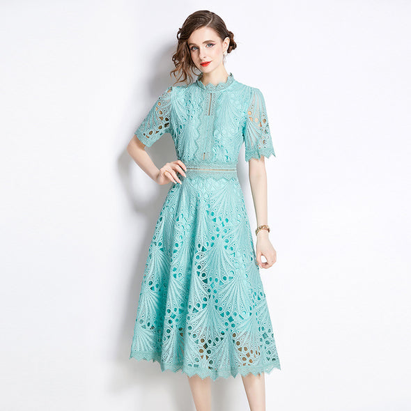 Spring French Lace Panel Round Neck Midi Dress with Flared Hem