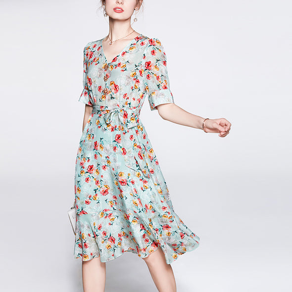 French V-neck Waist High-quality Mulberry Silk Dress