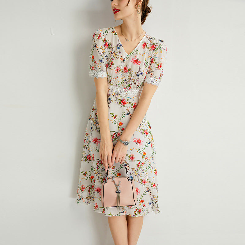 Women's Summer Mulberry Silk Dress V-neck Lace Waist Mid-length Dress
