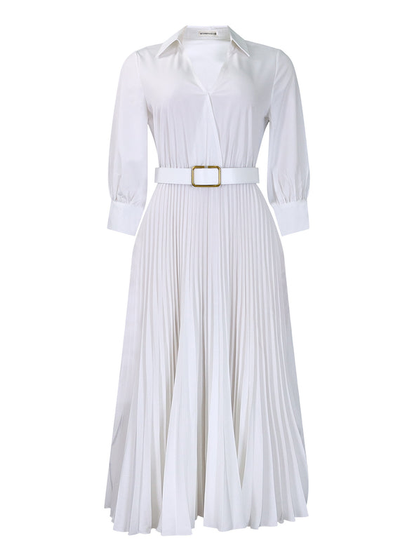 Spring V-Neck High Waist A-Line Dress with Matching Belt