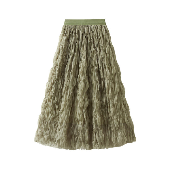 Pleated Skirt, High-waisted, Slimming, Mid-length, A-line Gauze Skirt with Large Hem